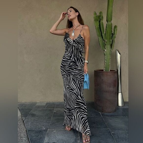 NWT ZARA RUFFLED LONGβANIMAL PRINT DRESS zebra satin maxi - Picture 11 of 16